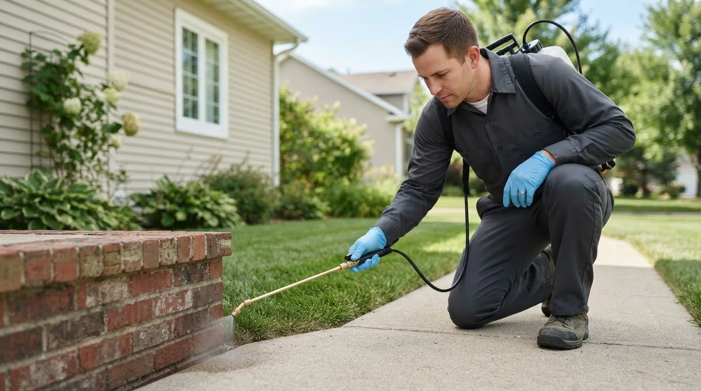 Pest control technician treating a home near Hensel, ND