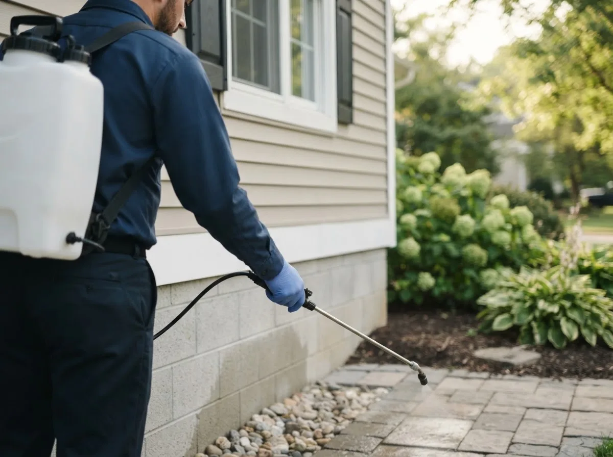 Pest control technician inspecting a home in Hensel, ND